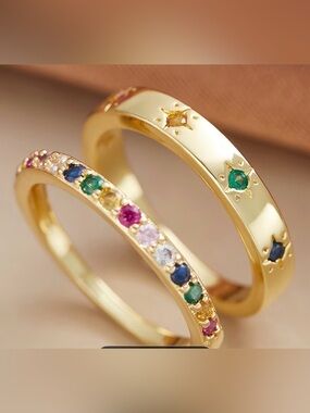 Set of two ring bands size 7 with colorful Swarovski crystals gold plated BNIB